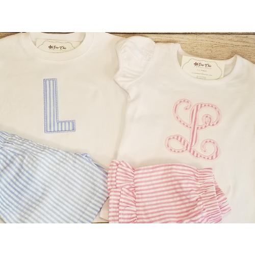 Sibling Seersucker Applique Monogram Outfits, Boy and Girl Twin Outfits, Custom Embroidery