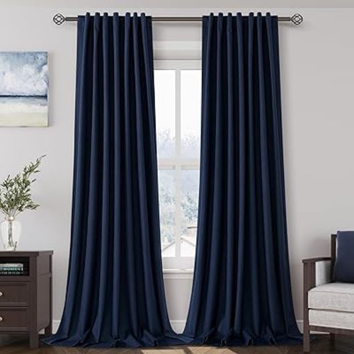 Navy Blue 100% Blackout Linen Curtains for Bedroom 94 Inches Long Back Tab Thermal Insulated Modern Luxury Nautical Decor Black Out Curtain for Living Room Dining Room Drapes 52x94, 2 Panels