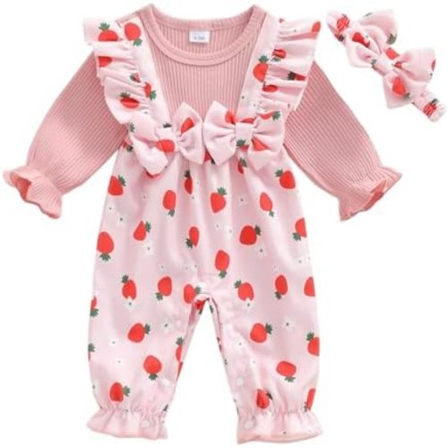 Rtnnsbbfcm Newborn Baby Girl Clothes Ruffle Bow Long Sleeve Romper One Piece Jumpsuit and Headband Infant Cute Outfits