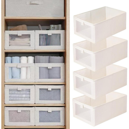 Latitude Run® Linen Closet Organizer & Storage – 4-Pack Foldable Storage Bins With Clear Window – Organizer Baskets For Clothing, Jeans, And Shelves | Wayfair