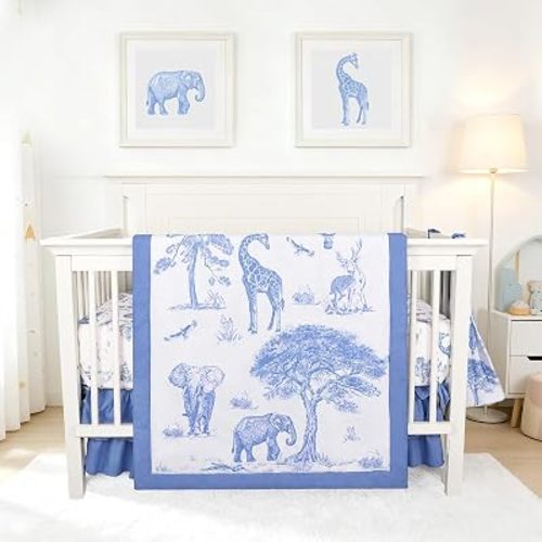TANOFAR 4-Piece Crib Bedding Set for Baby Boys, Blue Elephant Nursery Bedding Set Includes Comforter, Fitted Crib Sheet, Crib Skirt, and Diaper Stacker, Blue Elephant