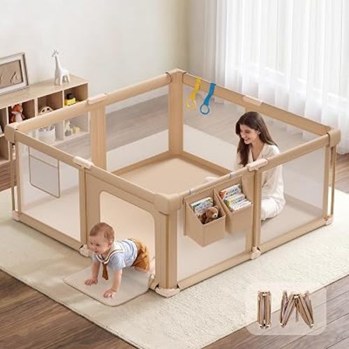 suihuooo Foldable Baby Playpen, 63×55 Foldable Play Pen with Storage Basket