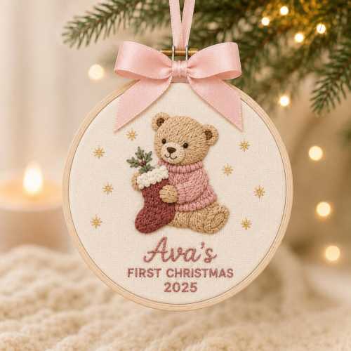 Personalized Baby’s First Christmas Hoop Ornament 2026, Custom Name Woodland Embroidery Hoop Keepsake