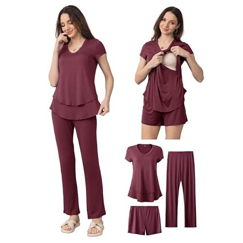 SUNNYBUY 3 PCS Maternity Breastfeeding Pajamas Set, Hidden Nursing Tops, Adjustable Pregnancy Shorts & Pants Postpartum PJS