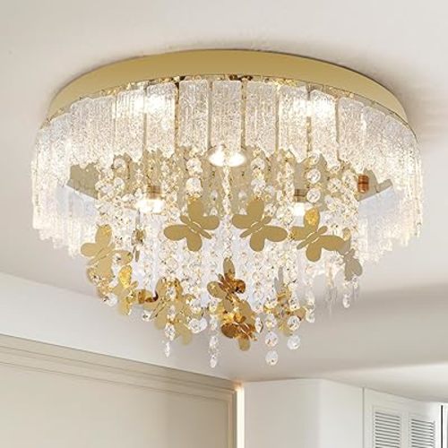 Modern Gold Crystal Chandeliers, Exquisite Crystal Ceiling Light with Butterfly Pendant for Living Room, Semi Flush Mount Golden Chandelier for Bedroom, Changeable LED Ceiling Lighting Fixture 15.75″