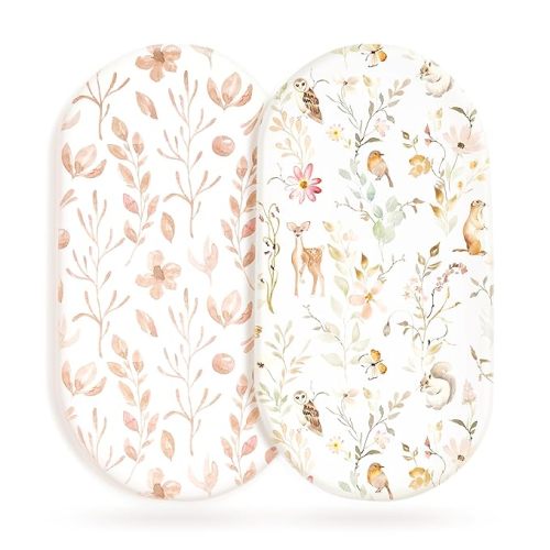 Stretchy Ultra Soft Fitted Bassinet Sheet Set 2 Pack, Universal Fit for Bassinets Baby Cradle Moses Basket Oval Rectangle Mattress Safe and Snug, Beautiful Blush Pink Floral and Cute Animals Print