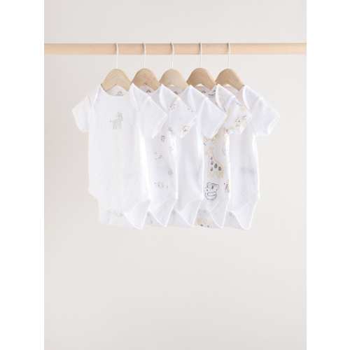 White Baby Animal Print Short Sleeve 100% Cotton Bodysuit 5 Pack
