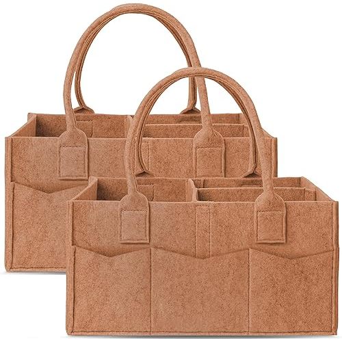 Cute Castle 2 Pack Diaper Caddy Organizer - Portable Baby Caddy Organizer with Handle, Nursery Storage Bin and Car Organizer for Girls, Boys - Baby Gift Basket - Caramel