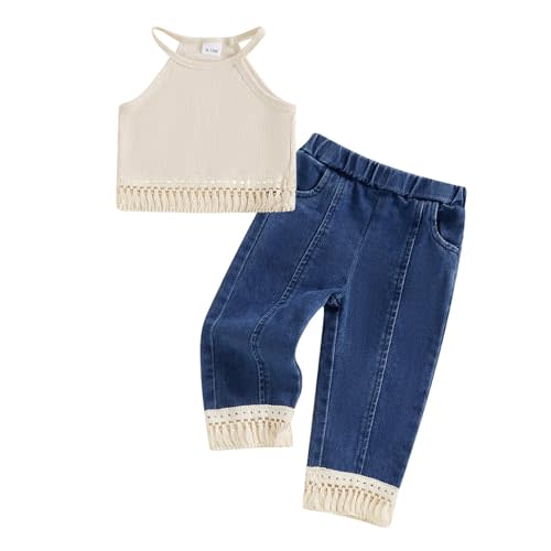 Madjtlqy Baby Girl Clothes Toddler Summer Outfits Tassel Camisole and Denim Pants Jeans 6 12 18 24 Months 2t 3t