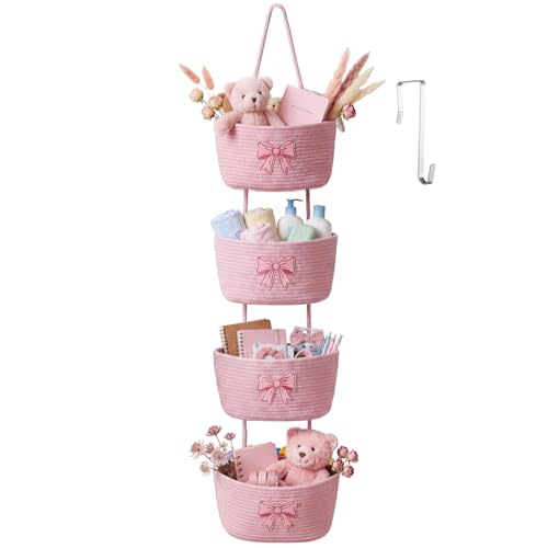 Vesici Pink over The Door Hanging Basket 4-tier Bow Woven Cotton Wall-mounted Storage Organizer Bag Decorative Hanging Bedroom Baskets