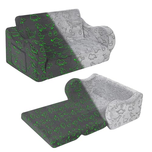 MOMCAYWEX Kids Extra Wide Glow in The Dark Chairs for Toddler, 2-in-1 Toddler Soft Sherpa Couch Fold Out, Convertible Sofa to Lounger for Girls and Boys, Dark Grey