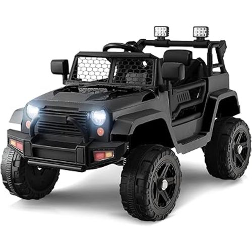 OLAKIDS Kids Ride On Truck, 12V Electric Vehicle Jeep Car with Remote Control, Toddlers Battery Powered Toy with 2 Speeds, Spring Suspension, Double Open Doors, LED Lights, Music, TF, USB, Mp3 (Black)
