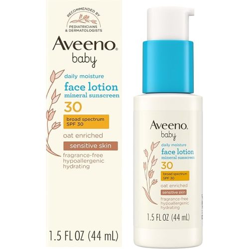 Aveeno Baby Daily Moisture Face Lotion & Mineral Sunscreen with SPF 30, Oat Enriched Face Moisturizer for Babies & Broad-Spectrum Sun Protection for Sensitive Skin, Fragrance-Free, 1.5 fl. oz
