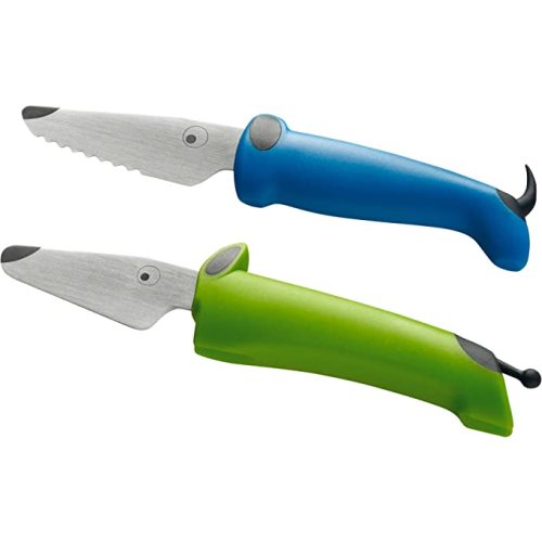 Kuhn Rikon Kinderkitchen® Kids Chef Knife Set With Scissors, 3 Pieces, Green/Blue/White| Cutting Tools Made for Real Cooking | Child Friendly Animal Designs With Hand Guard & Snipper Cover For Safety