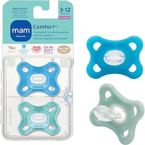 MAM Comfort Baby Pacifiers 3-12 Months Babies, Lightweight One-Piece Full Silicone Binky, BPA-Free Nipple, Easy to Clean Pacifier, Best for Breastfed Babies, 2 Count, Sterilizer Case, Made in Europe