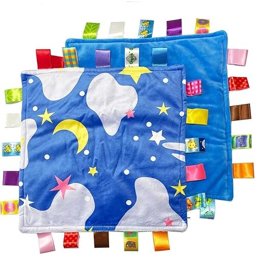 1 PC Soft Baby Tag Blanket,10.4x10.4INCH Cute Taggy Security Blanket, Colorful Label Blanket Gift for Baby(Sky)
