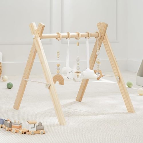 Comfy Cubs Wooden Baby Play Gym - Natural Finish Pinewood Baby Activity Gym with 5 Sensory Hanging Toys - Easy No-Tool Assembly, Safe and Durable for Infant Motor and Visual Development - Natural Wood