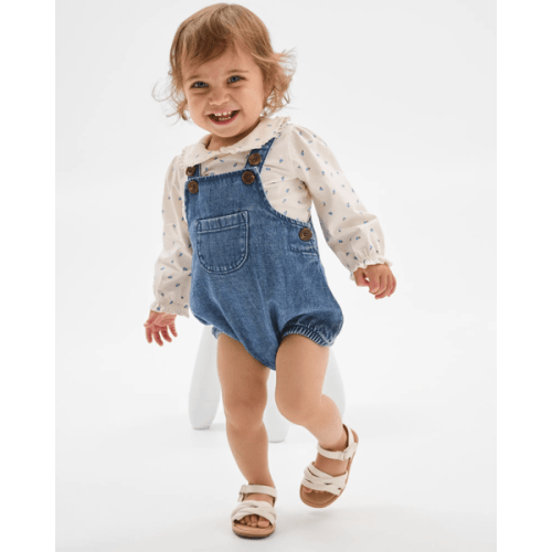 Baby Denim Romper and Frill Collar Blouse Set