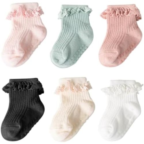DRESHOW BQUBO Baby Girls Toddler Anti Slip Socks - Cute Frilly Ruffle Grip Ankle Socks for Infant Toddler
