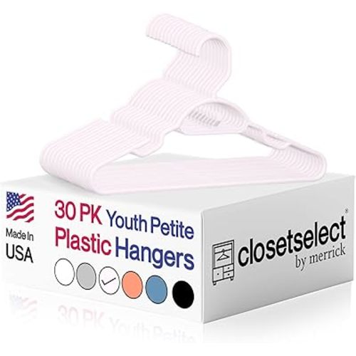 Closetselect Youth Hangers 30 Pack - 13 Inch Plastic Youth Petite & Childrens Hangers for Closet, Baby Hangers for Children Clothes Sizes 4 to 10, Non-Slip Infant Hangers with Shoulder Grooves | Pink