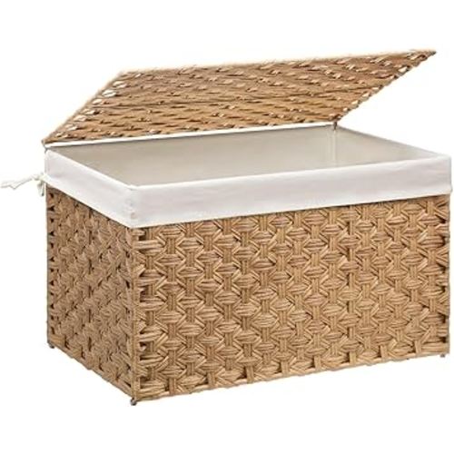 Wicker Storage Basket with Lid, 27.7 Gallon (105L) Large Blanket Basket with Lid, Woven Storage Bin with Handles, Removable Liner, Metal Frame, Foldable, for Bedroom, Laundry Room, Natural