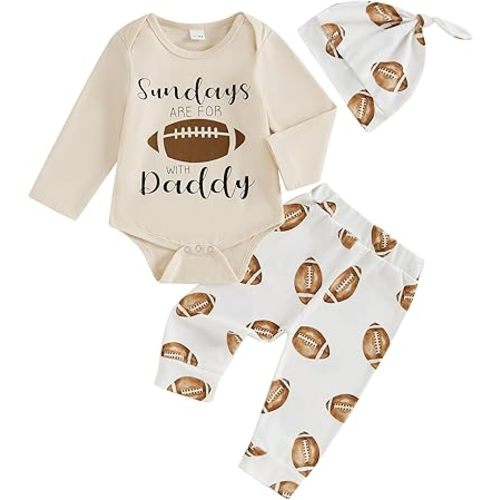 Baby Boy Football Outfits Sundays are for with daddy Letter Print Bodysuit Romper Rugby Legging Pants Hat 3pcs Set
