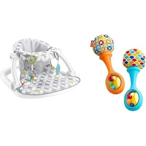 Fisher-Price Baby Portable Chair Sit-Me-Up Floor Seat with Developmental Toys & Machine Washable Seat pad & Newborn Toys Rattle 'n Rock Maracas, Set of 2 Soft Musical Instruments