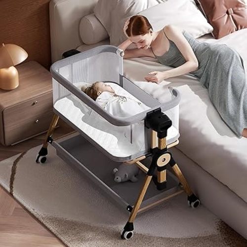 3 in 1 Baby Bassinet,Bedside/Rocking Bassinet for Baby,Bedside Crib with Lockable Wheels,Waterproof Mattress,Adjustable 6 Heights,Portable Baby Bassinets Bedside Sleeper (Light Gray)