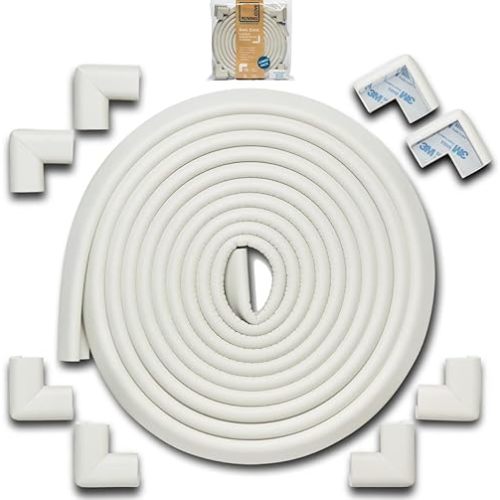 Roving Cove HeftyFit Edge Corner Protector Baby Proofing (Large 18ft Edge 8 Corners), Heavy-Duty, Soft NBR Rubber Foam, Furniture Fireplace Safety Bumper Guard, 3M Adhesive, Oyster White (Off White)