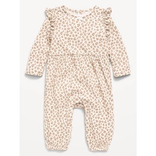 Printed Long-Sleeve Ribbed Ruffle-Trim Jumpsuit for Baby