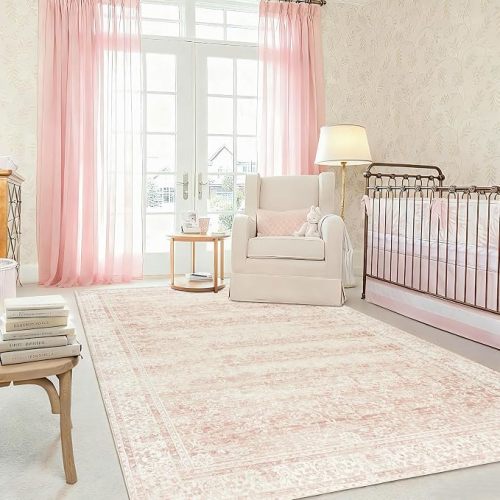 Pink Area Rug 8x10 Low Pile Washable Vintage Large Rugs for Living Room