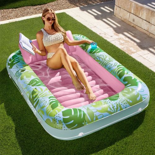 Joyfy Pool Floats Inflatable Pool Tanning Adults Floats Bed Tanning with Pillow Drink Holders Tanning Pool for Adult Pool Party 70" - Cyan Pink