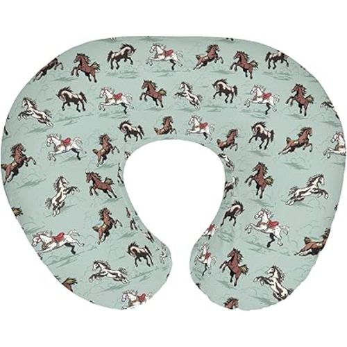 Retro Wild Horses Baby Nursing Pillow Covers for Boy Girl Running Horse Nursing Slipcovers for Breastfeeding Pillows Wild Western Cowboy Animal Soft Stretchy Removable Cover for Newborn Infant Green