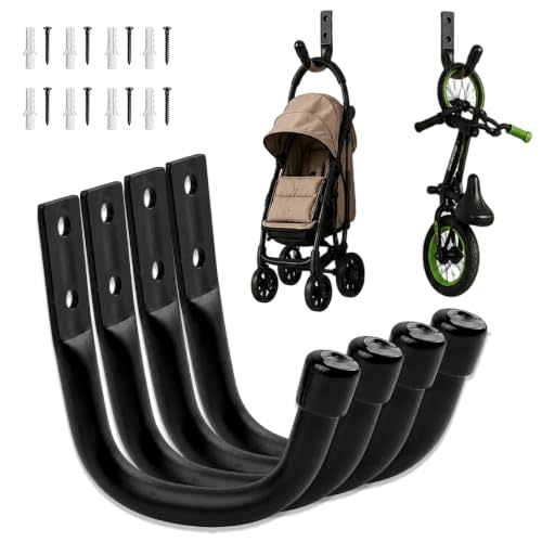 4 Pack Stroller Hooks for Garage - Heavy Duty Stainless Steel Wall Mount Stroller Storage Hangers with Rubber Protective Tips, Holds Up to 66 lb
