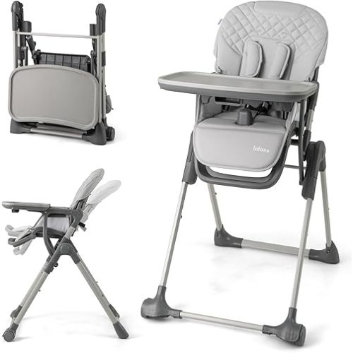 INFANS Baby High Chair, Convertible Quick Folding Portable Highchair for Babies and Toddlers with Adjustable Height Backrest Footrest 2 Wheels Removable Tray, Easy to Clean PU Seat (Grey)