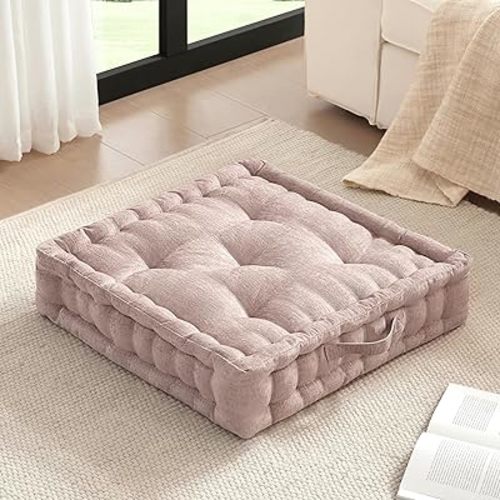 Intelligent Design Large Floor Pillow Meditation Cushion, 24" W x 24" L x 5" H, Square Blush with Handle