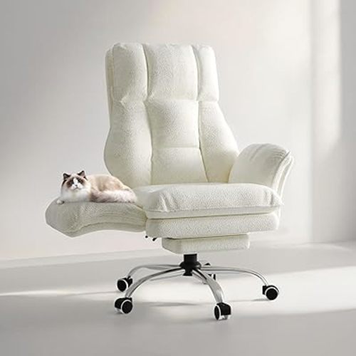 Big and Tall Office Chair, Flip Armrests for Pets & Cross Legged Sitting, Executive Ergonomic Computer Gaming Chair with Foot Rest, Teddy Fleece Wide Seat Reclining Desk Chair, White Vanity Chair