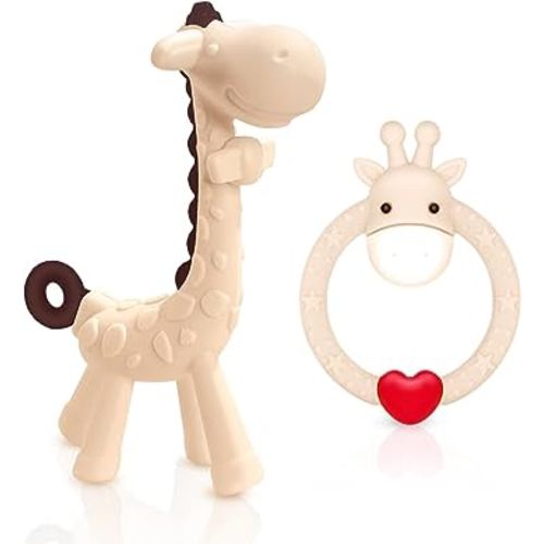 SHARE&CARE BPA Free Silicone Giraffe Baby Teether Toy with Storage Case, for 3 Months Above Infant Sore Gums Pain Relief and Baby Shower, Baby Teething Toys (Cream)