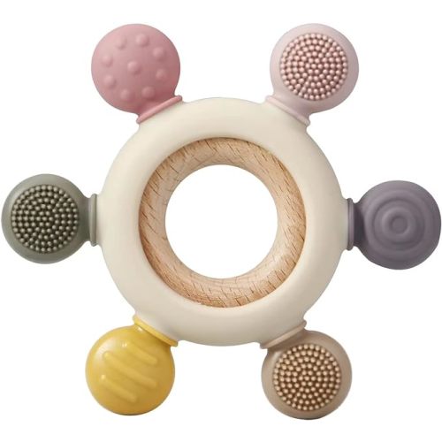 PandaEar Baby Teething Toys - Silicone Rudder Toy with Wooden Rings for Soothing Teething Pain Relief - Silicone Rudder with Wooden Ring for lnfants & Toddlers 6+ Months