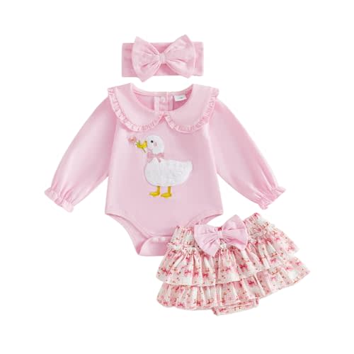 Baby Girl Clothes Silly Goose Birthday Romper Shorts Fall 3pcs Set | Newborn Infant Outfit Floral Silly Goose Embroidery Bodysuit + Bow Tutu Skirt + Cute Headband 3pcs Set Spring Fall Clothes