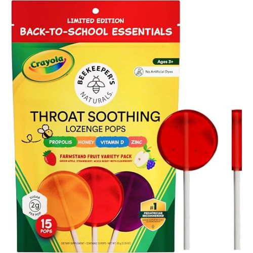 Beekeeper's Naturals Throat Soothing Lollipops w/ Honey, Variety Pk, 15 ct
