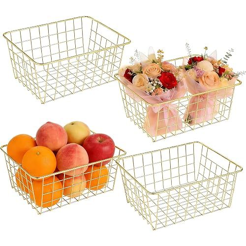 4 Pack Gold Wire Baskets for Organizing, Wire Storage Basket Metal Storage Baskets for Kitchen Cabinets, Countertop
