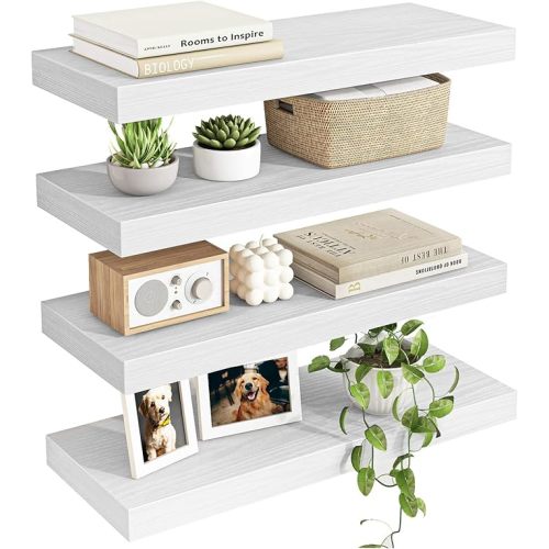Fixwal 15.8in Floating Shelves, Rustic Wood Finish Wall Shelves Set of 4, Shelves for Wall Decor, with Invisible Brackets for Bathroom, Living Room,Bedroom and Kitchen(White)