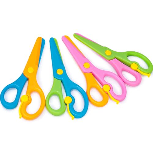 LOVESTOWN Toddler Safety Scissors, 4 PCS Blunt Tip Scissor Preschool Training Art Supplies for Kids, Anti-Pinch Design, Child Hand Eye Coordination Development, Playdough Tools Crafts Essentials