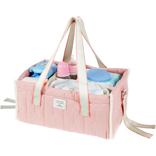 Baby Diaper Caddy Organizer, Baby Nappy Caddy Organiser for Nappy Station, Portable Baby Diaper Basket with Removable Dividers Pink for Newborn Essentials Wipes