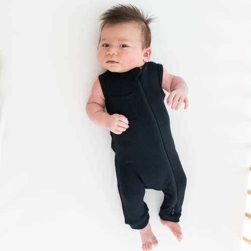 Ribbed Zippered Sleeveless Romper in Midnight | Kyte Baby