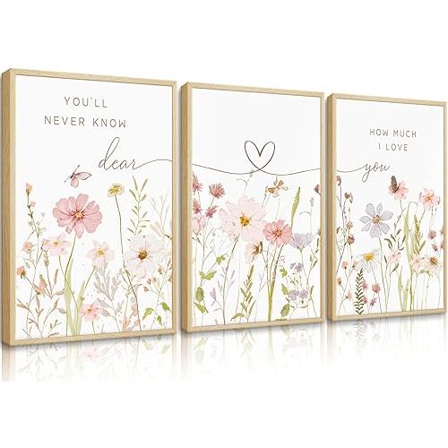 3Pcs Pink Watercolor Wildflower Wall Art Wildflower Girls Nursery Posters Botanical Nursery Canvas Prints Colorful Floral Pictures Flower Sentence Painting Vogue Baby Room Wall Decor 16x24in Unframed