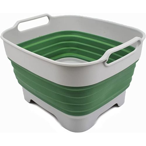 SAMMART 7.5L (2 Gallons) Collapsible Dishpan with Draining Plug - Foldable Washing Basin - Portable Dish Washing Tub - Space Saving Kitchen Storage Tray (Grey/Dark Sea Green, 1)