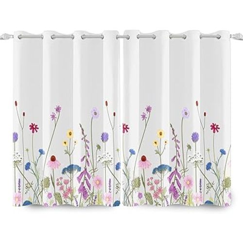 Renaiss Wild Flowers Decorative Window Curtains Grey White Spring Garden Window Treatments Pink Purple Blue White Floral Blackout Drapes for Bedroom Game Living Room Decoration 42x63 Inches 2 Panels
