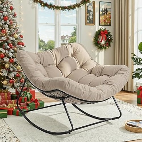 Papasan Rocking Chair Indoor, Oversized Rocking Chair with Thickened Cushion, 450 lbs Large Comfy Egg Chair Indoor,Cozy Lounge Reading Glider Chair for Bedroom Christmas, Beige